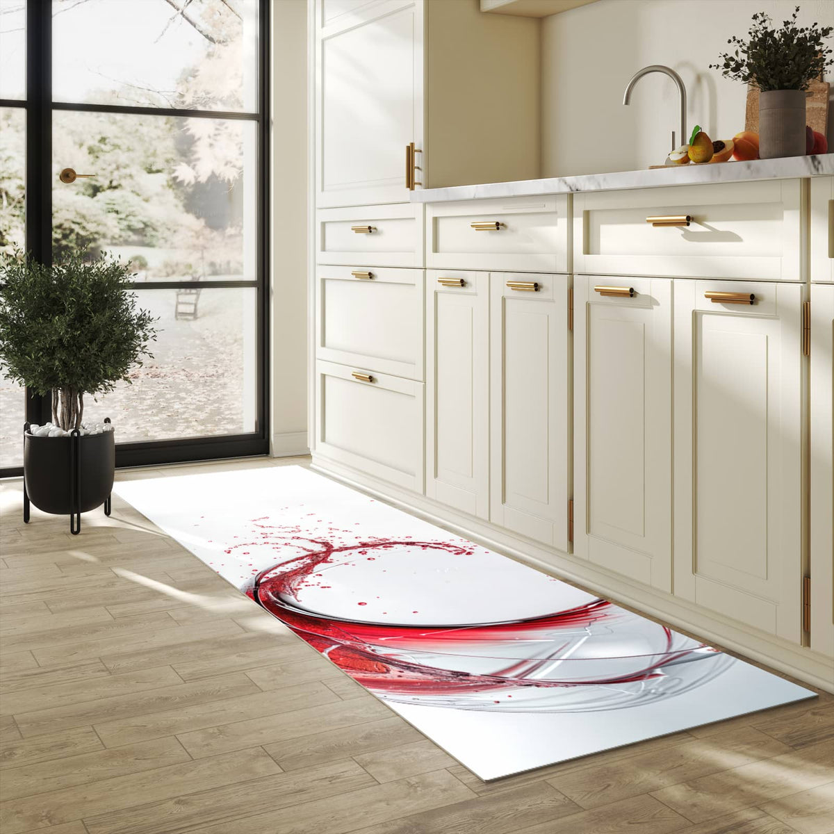 Flacher moderner Küchenläufer mit Motiv Rotwein Spritzer in heller Küche