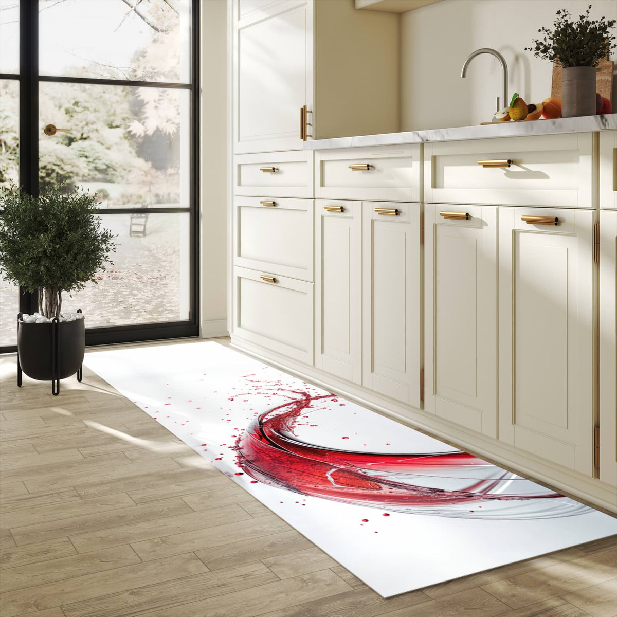 Pflegeleichter Küchenläufer mit Motiv Rotwein Spritzer in heller Küche