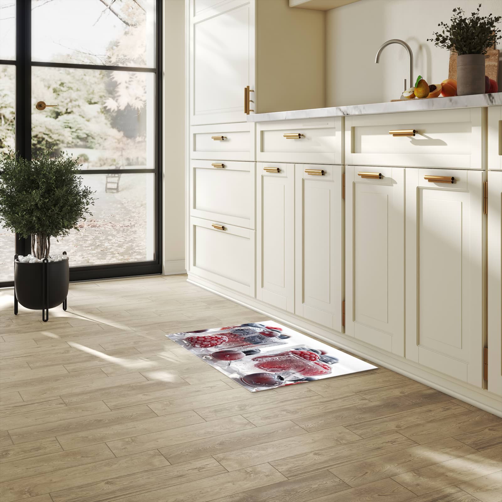 Waschbarer Küchenteppich mit Motiv Gefrorene Beeren in heller Küche schont den Boden