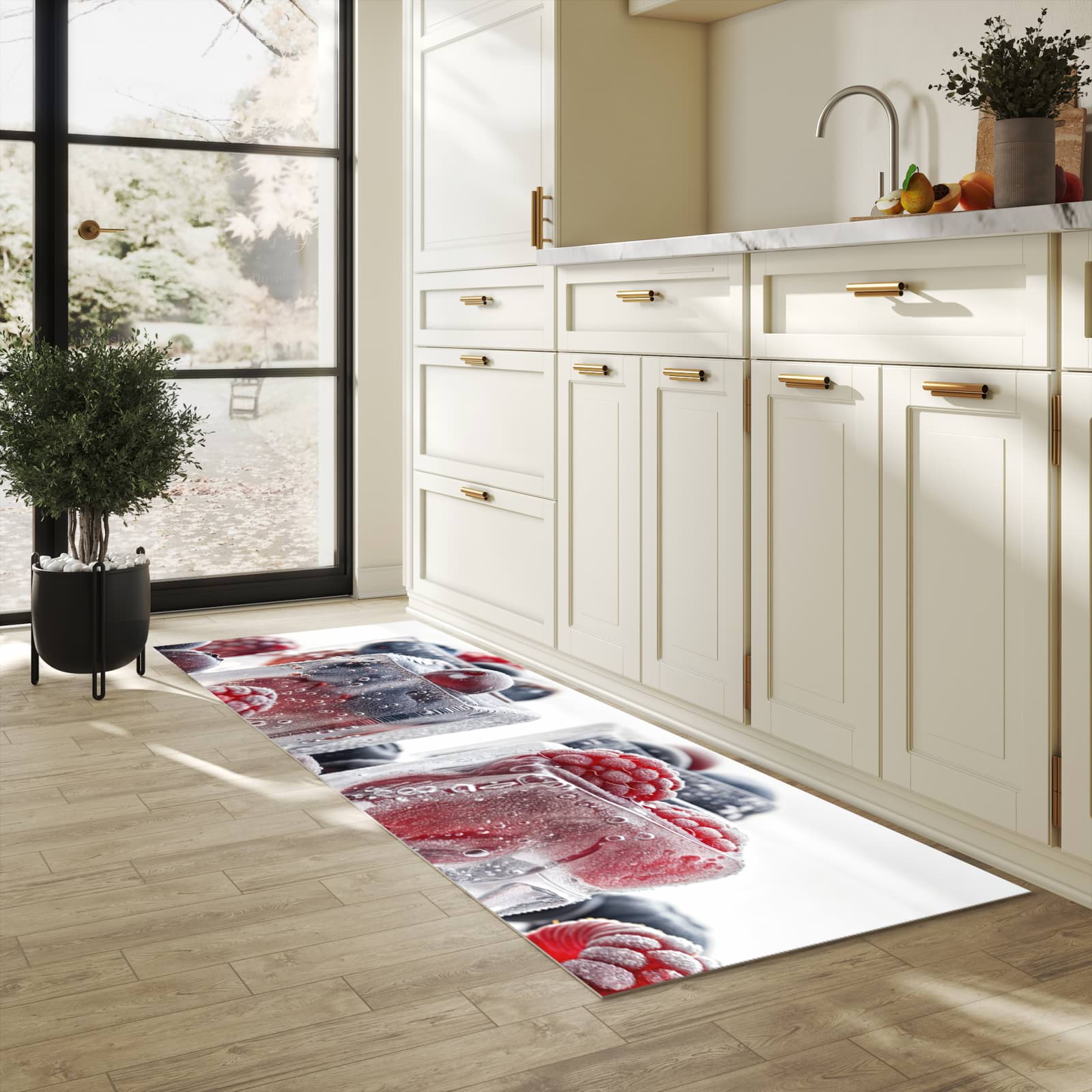Bodenschonender großer Küchenteppich mit Motiv Gefrorene Beeren in heller Küche