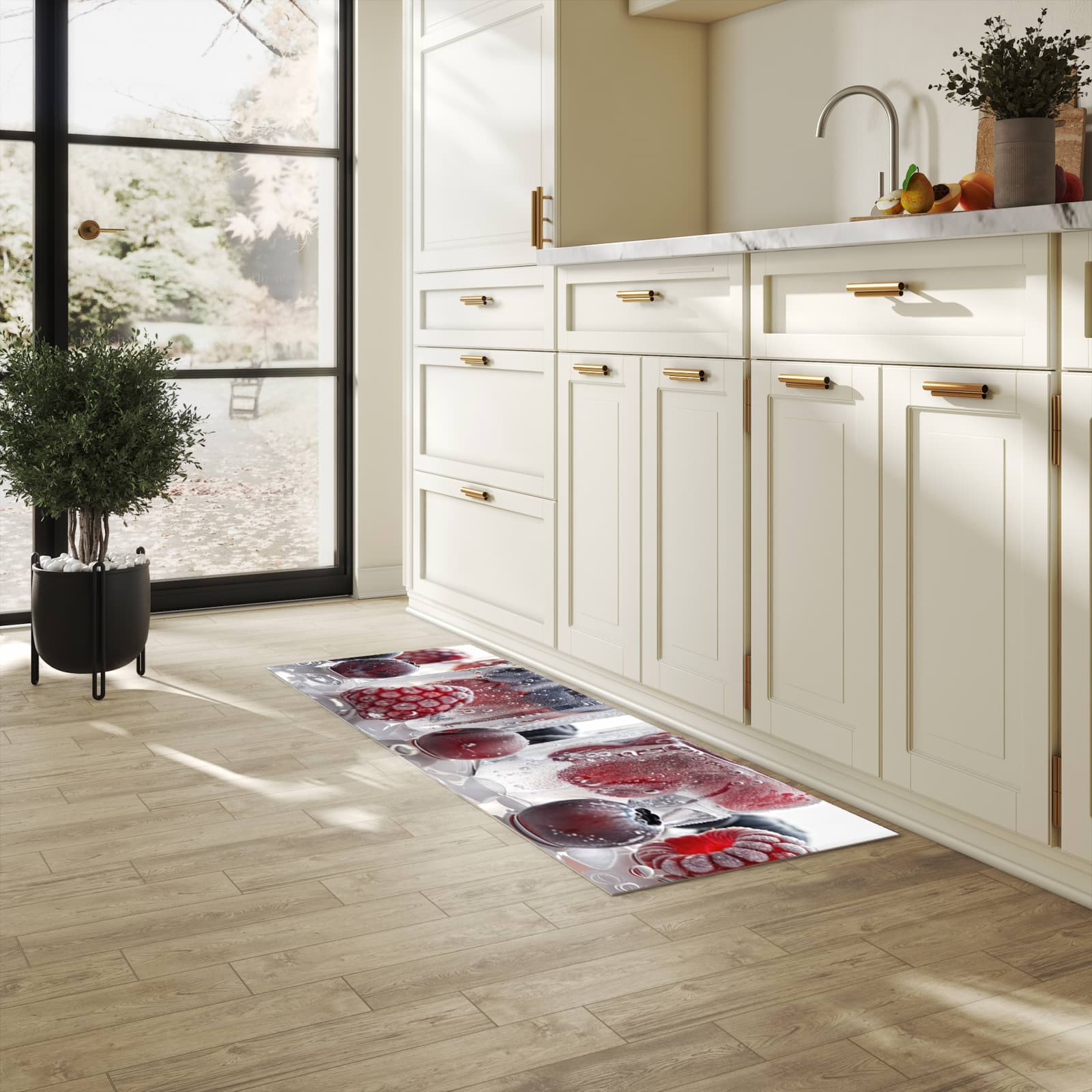 Waschbarer Küchenteppich mit Motiv Gefrorene Beeren in heller Küche