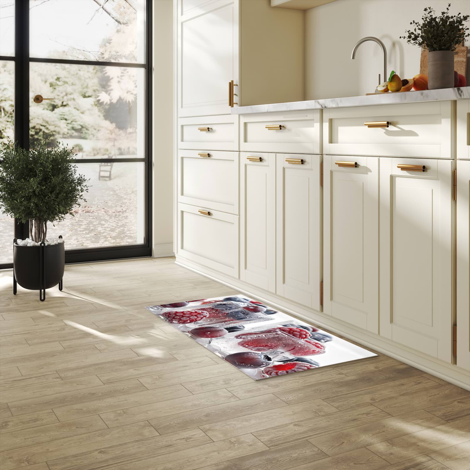 Hygienischer Bodenläufer Teppich mit Motiv Gefrorene Beeren in heller Küche