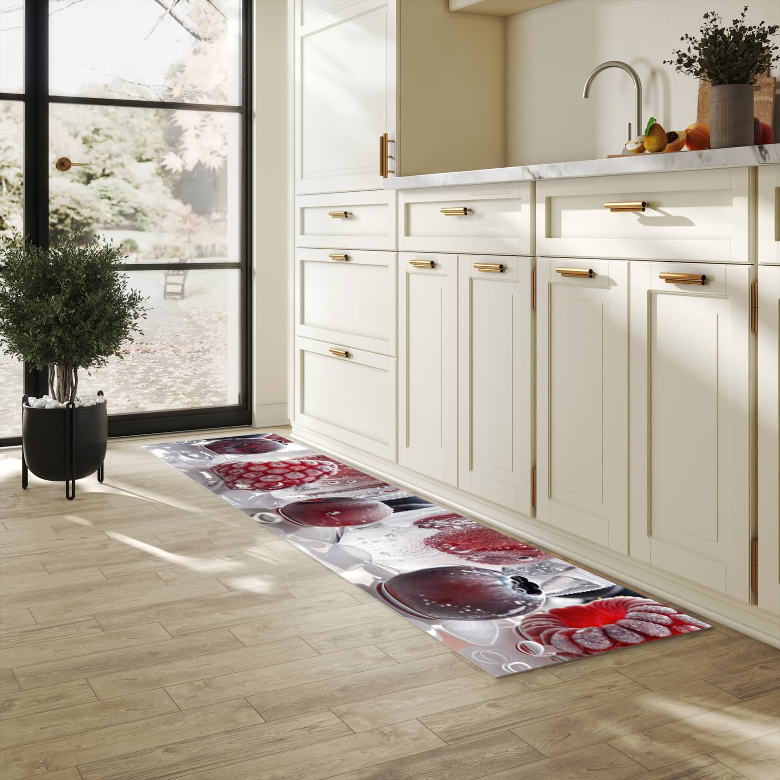 Rutschfester Küchenteppich mit Motiv Gefrorene Beeren in heller Küche