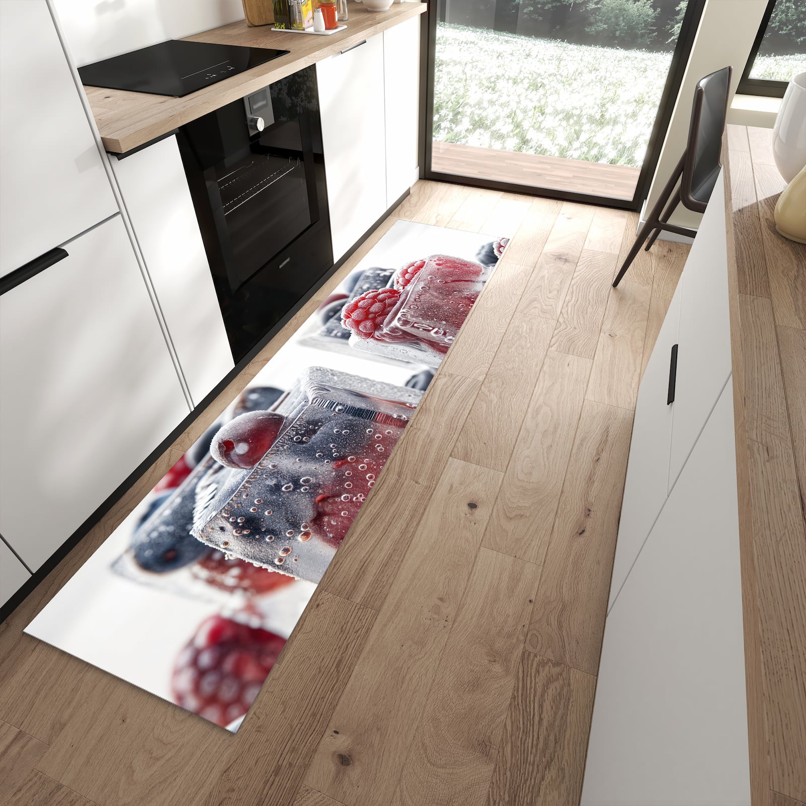 Wasserabweisender Küchenläufer mit Motiv Gefrorene Beeren in moderner Küche