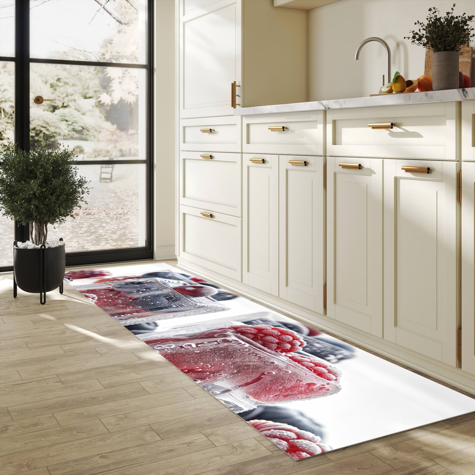 Formstabiler waschbarer Küchenteppich mit Motiv Gefrorene Beeren in heller Küche