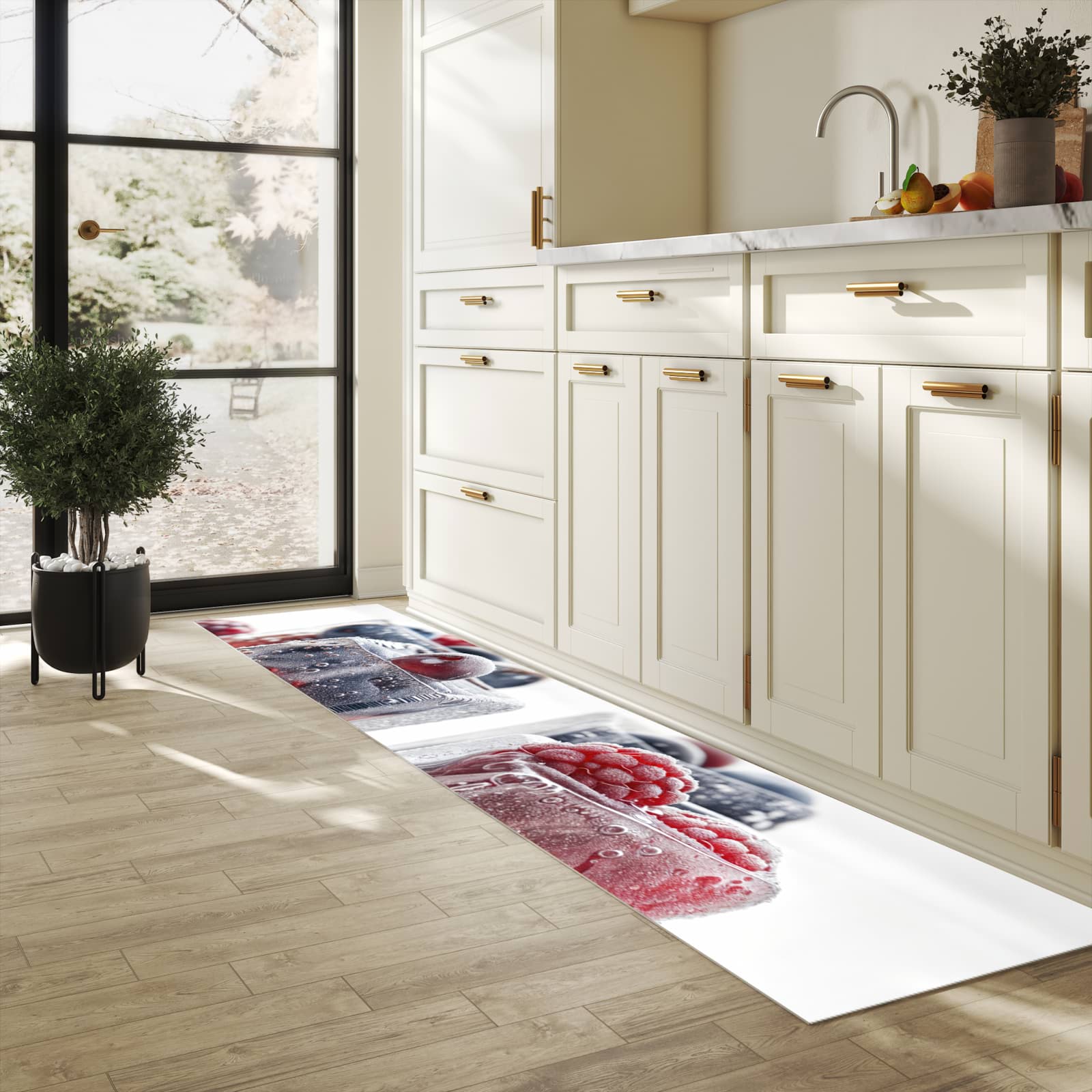 Feuchtigkeitsresistenter Küchenteppich mit Motiv Gefrorene Beeren in heller Küche