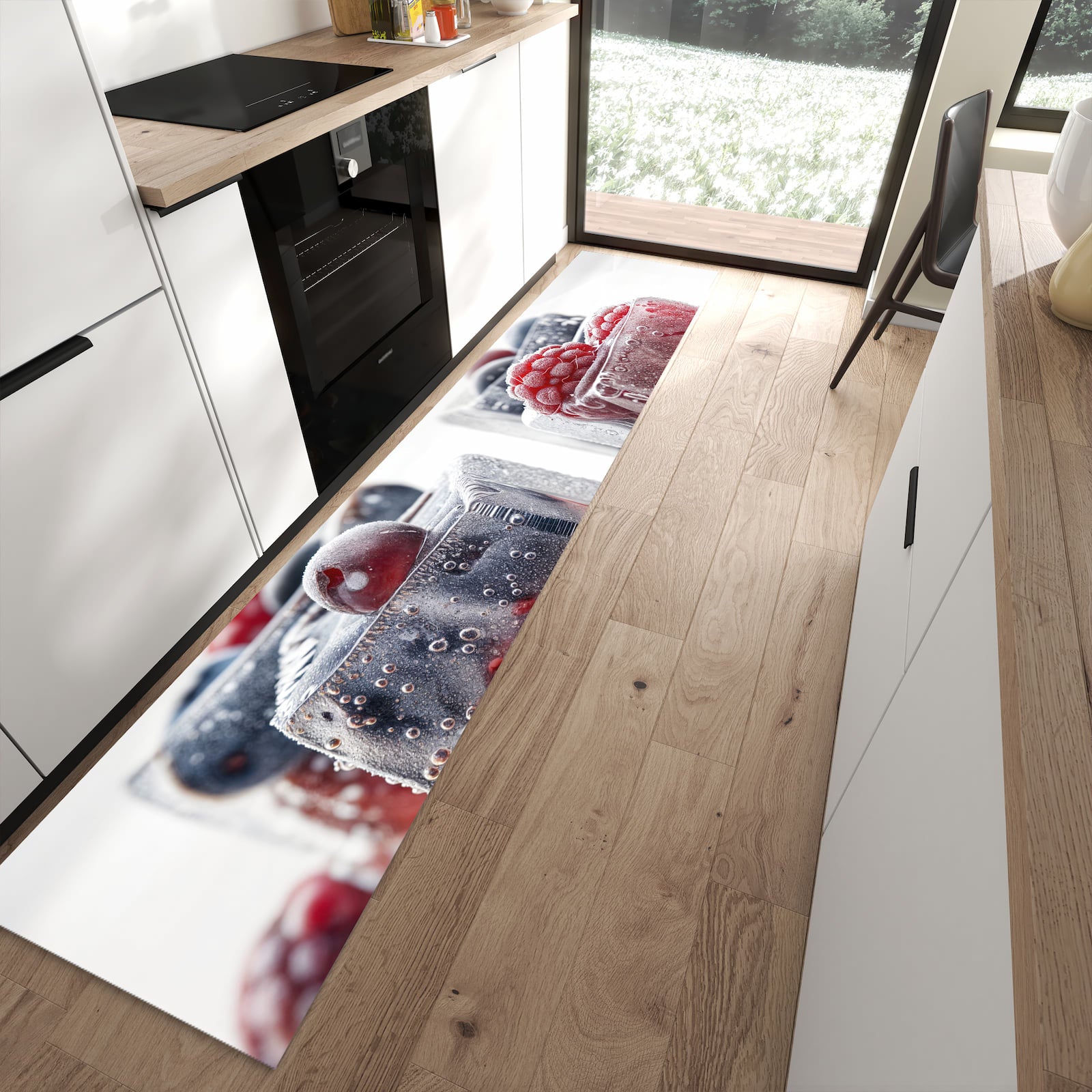 Schmutzabweisender Küchenläufer mit Motiv Gefrorene Beeren in moderner Küche