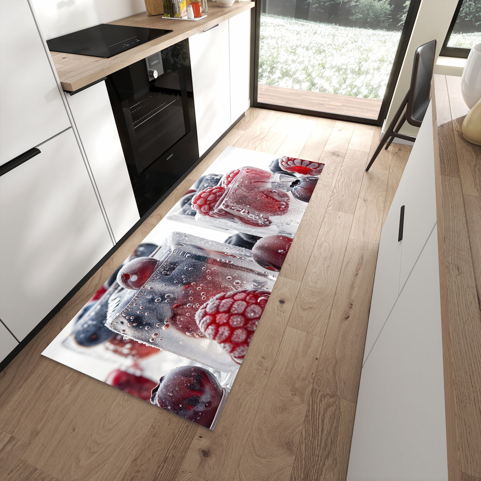 Langlebiger Küchenläufer mit Motiv Gefrorene Beeren in moderner Küche