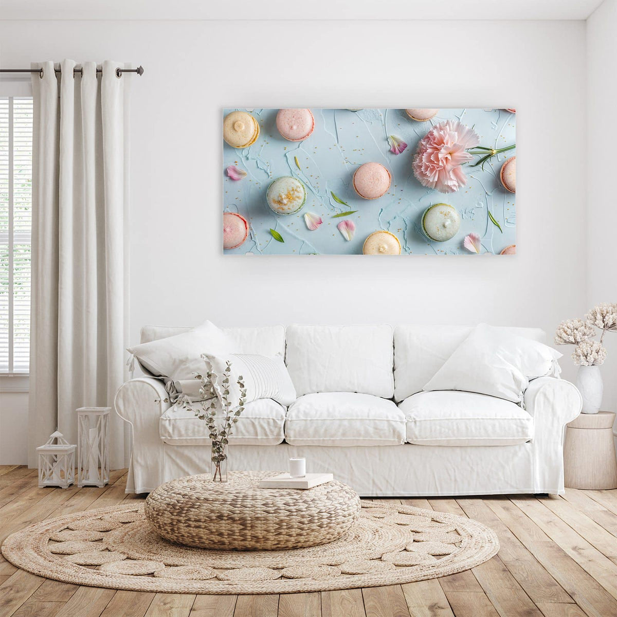 Wandbild - Macarons mit Nelke - Querformat – Pastell-Macarons mit rosa Nelke