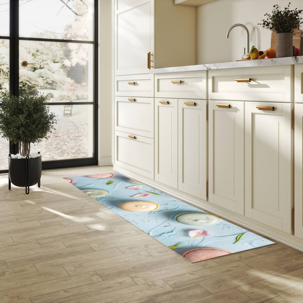 Fleckenresistenter langer Teppich mit Motiv Französische Macarons in heller Küche
