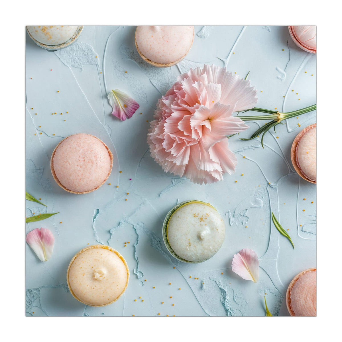 Küchenrückwand aus Glas Macarons mit Nelke im quadratischen Format, Motiv bildfüllend von vorn #grösse_40 x 40 cm #grösse_50 x 50 cm #grösse_60 x 60 cm