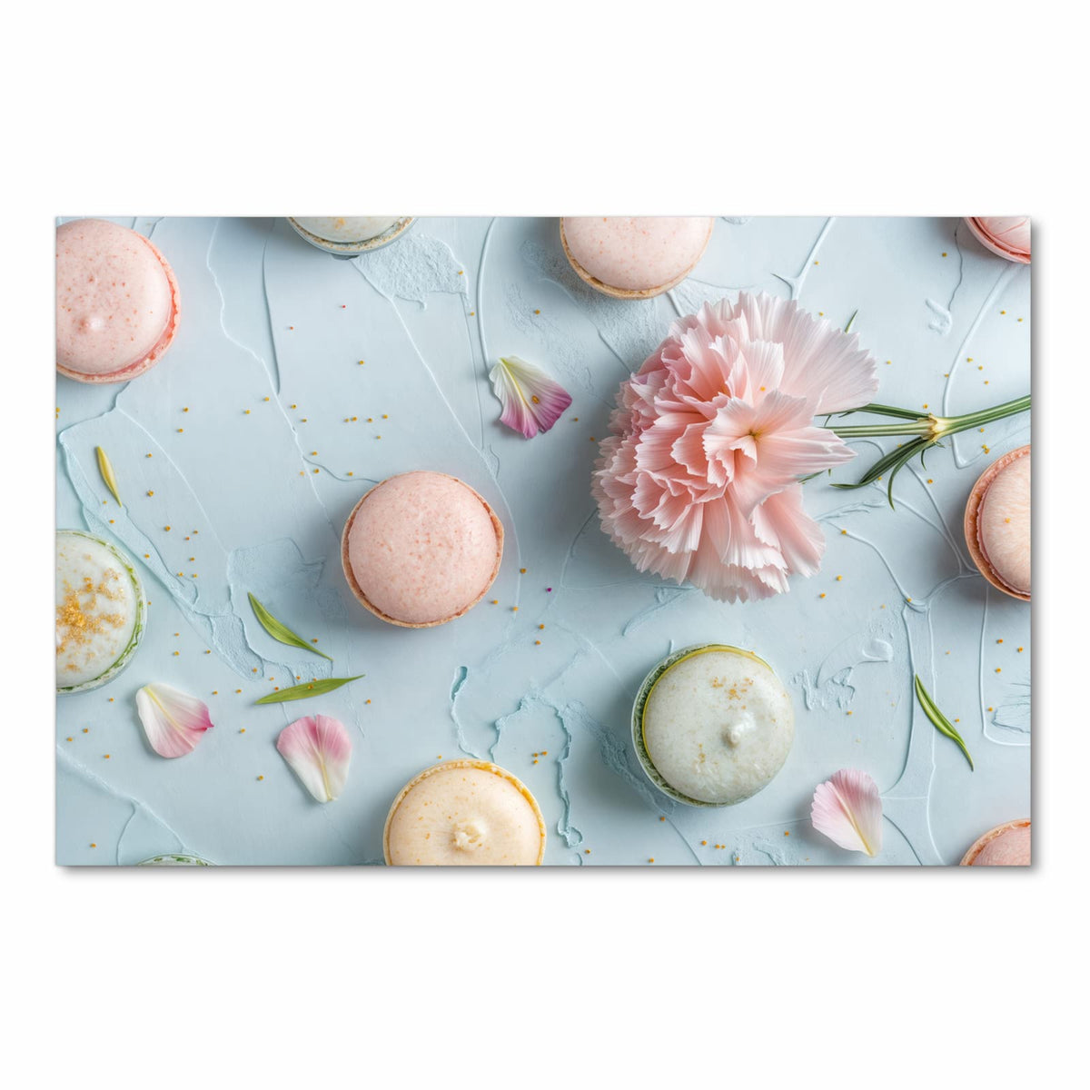 Waschbarer Teppich für Esstisch mit Motiv Französische Macarons in Frontansicht für Ordnung