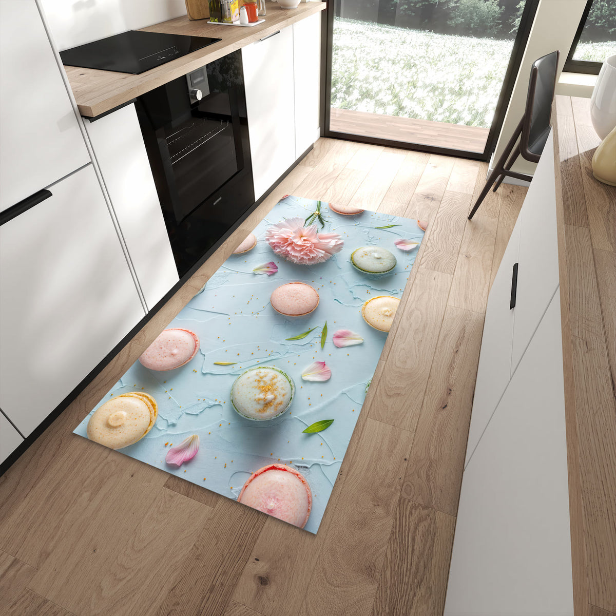 Zeitsparender rutschfester Küchenläufer mit Motiv Französische Macarons in moderner Küche