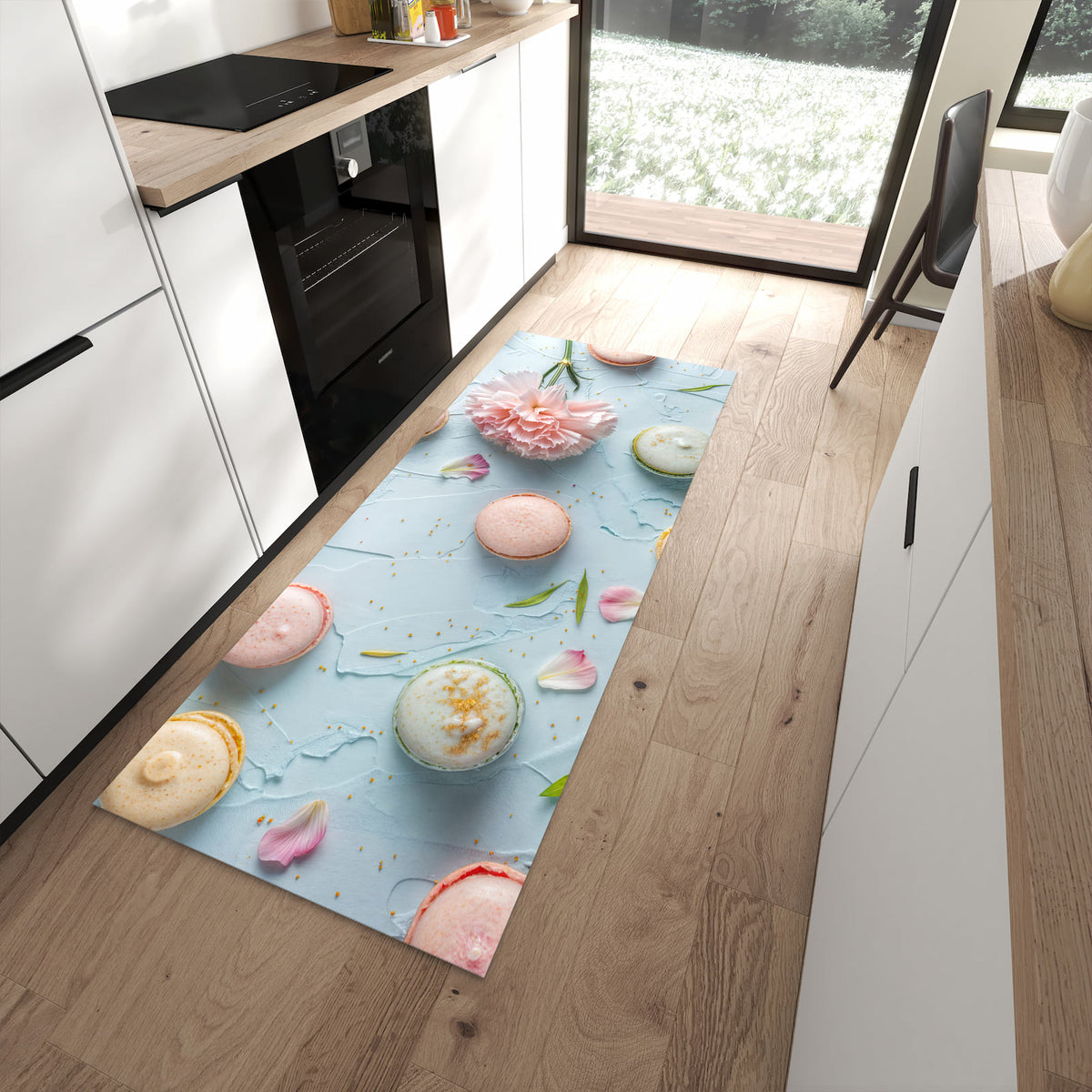 Bodenschonender Küchenläufer mit Motiv Französische Macarons in moderner Küche