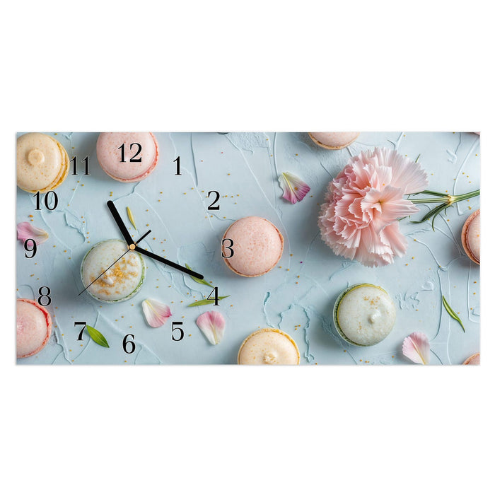Wanduhr Französische Macarons aus Glas – Querformat 60 × 30 cm mit Ziffernblatt Klassisch