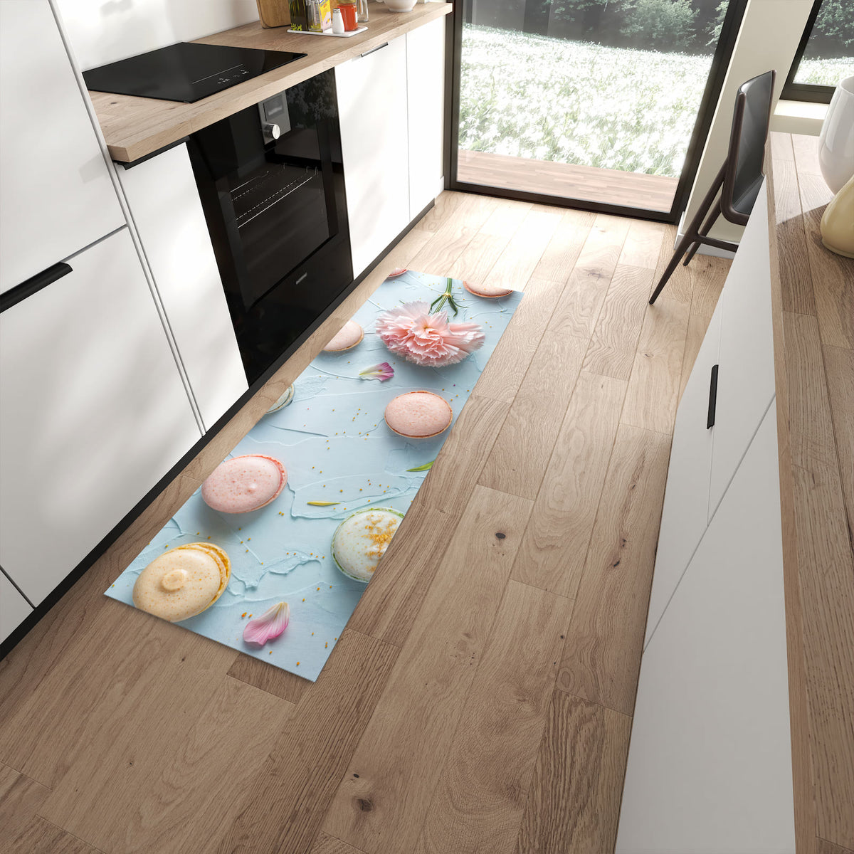 Langlebiger waschbarer Küchenteppich mit Motiv Französische Macarons in moderner Küche