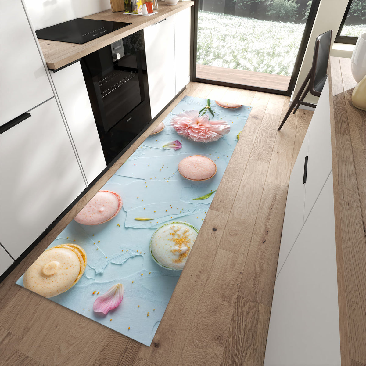 Farbbeständiger waschbarer Küchenläufer mit Motiv Französische Macarons in moderner Küche