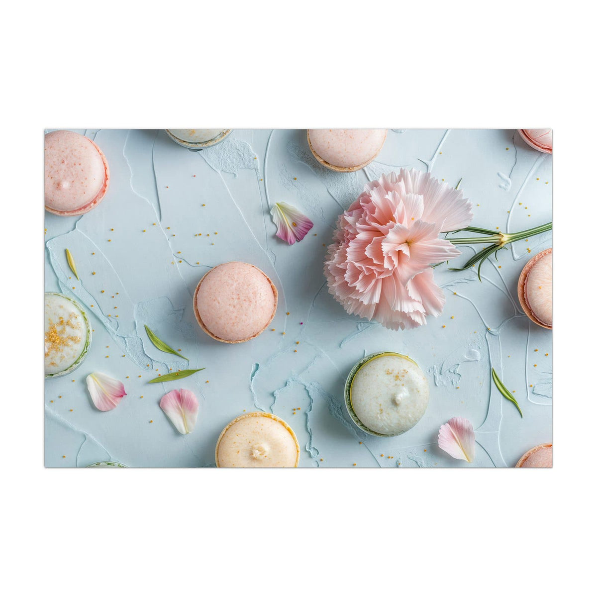 Küchenrückwand aus Glas Macarons mit Nelke im Hochformat, Motiv bildfüllend von vorn