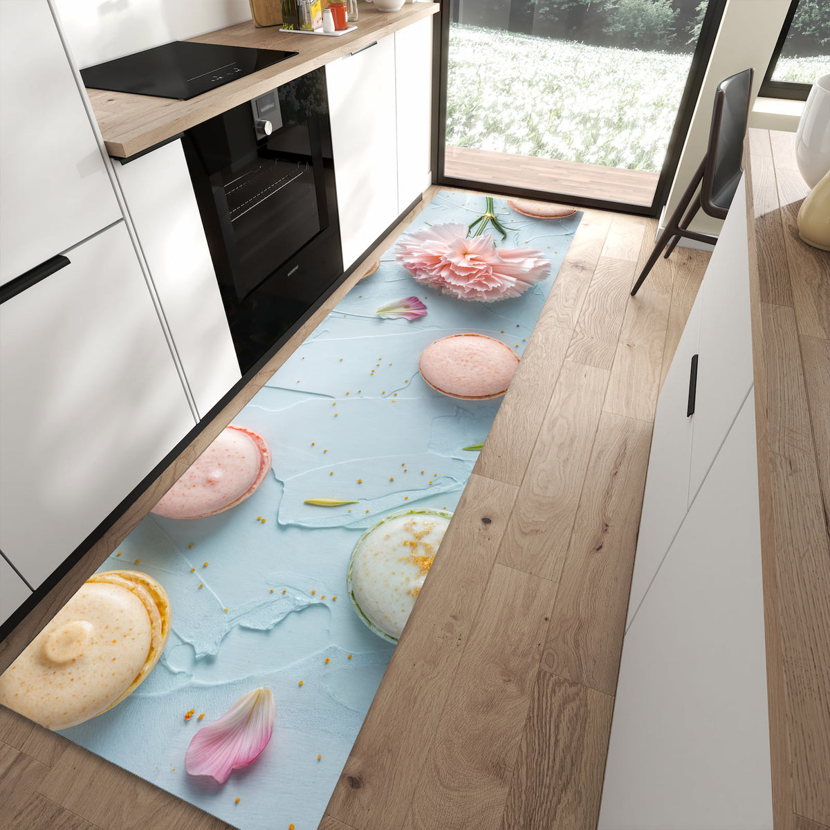 Rutschfester Küchenläufer mit Motiv Französische Macarons für sicheren Stand in moderner Küche