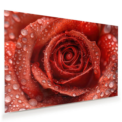 Wandbild mit dem Motiv Rote Rose mit Tropfen