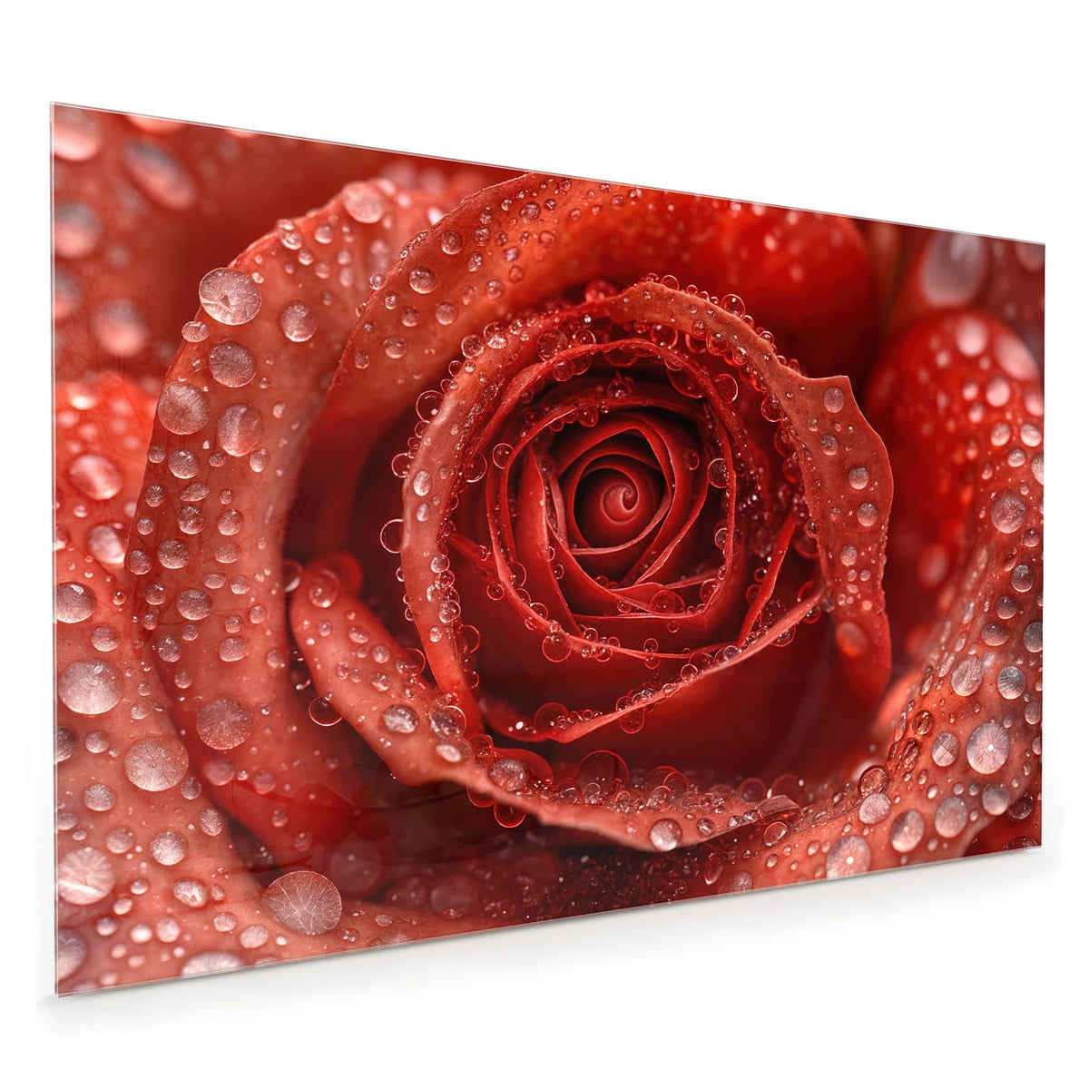 Küchenrückwand aus Glas im Hochformat: Makro einer roten Rose, dicht mit Wassertropfen besetzt