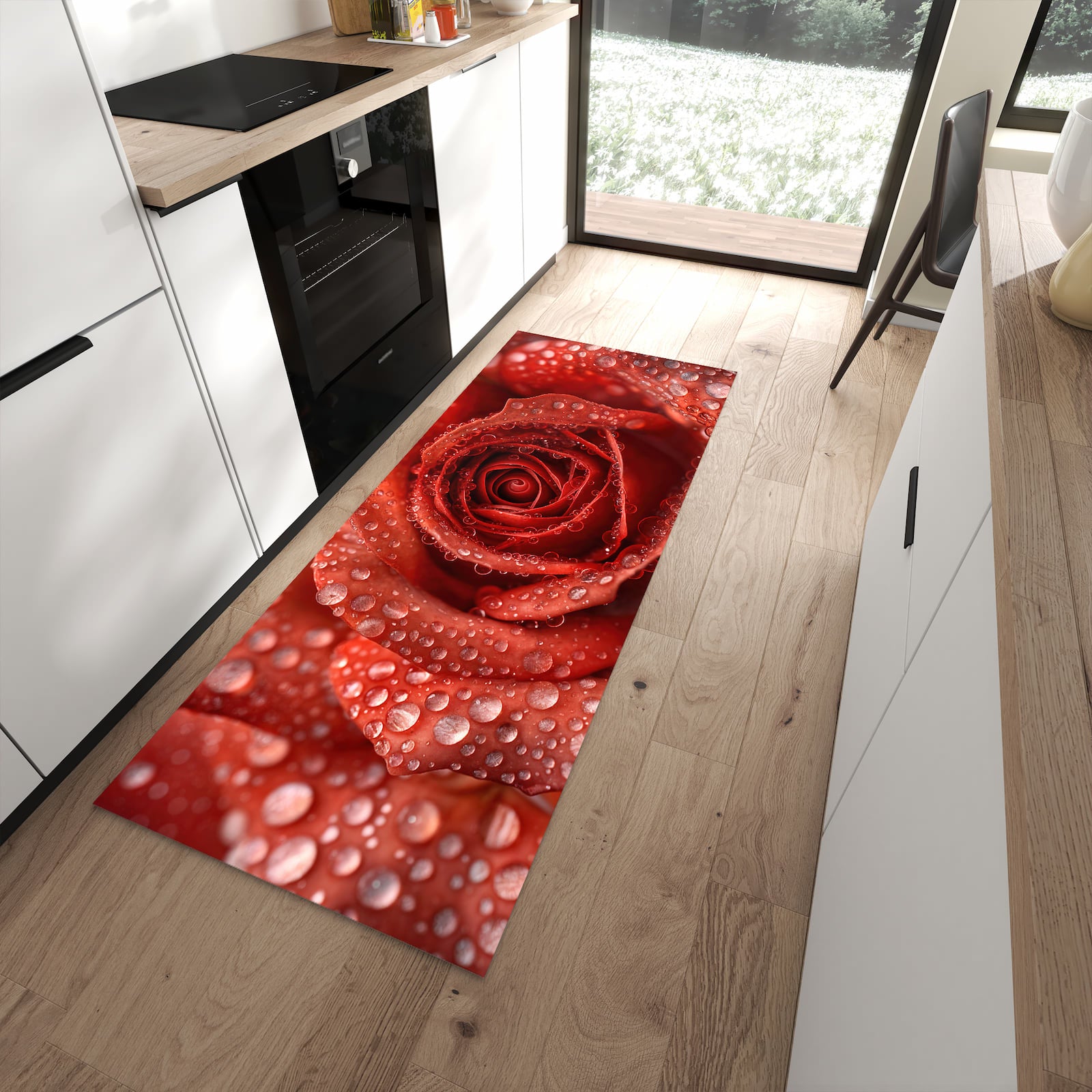 Langlebiger Küchenläufer mit Motiv Wassertropfen Rose in moderner Küche