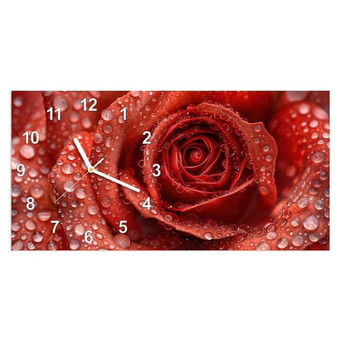 Wanduhr Wassertropfen Rose aus Glas – Querformat 60 × 30 cm mit Ziffernblatt Modern