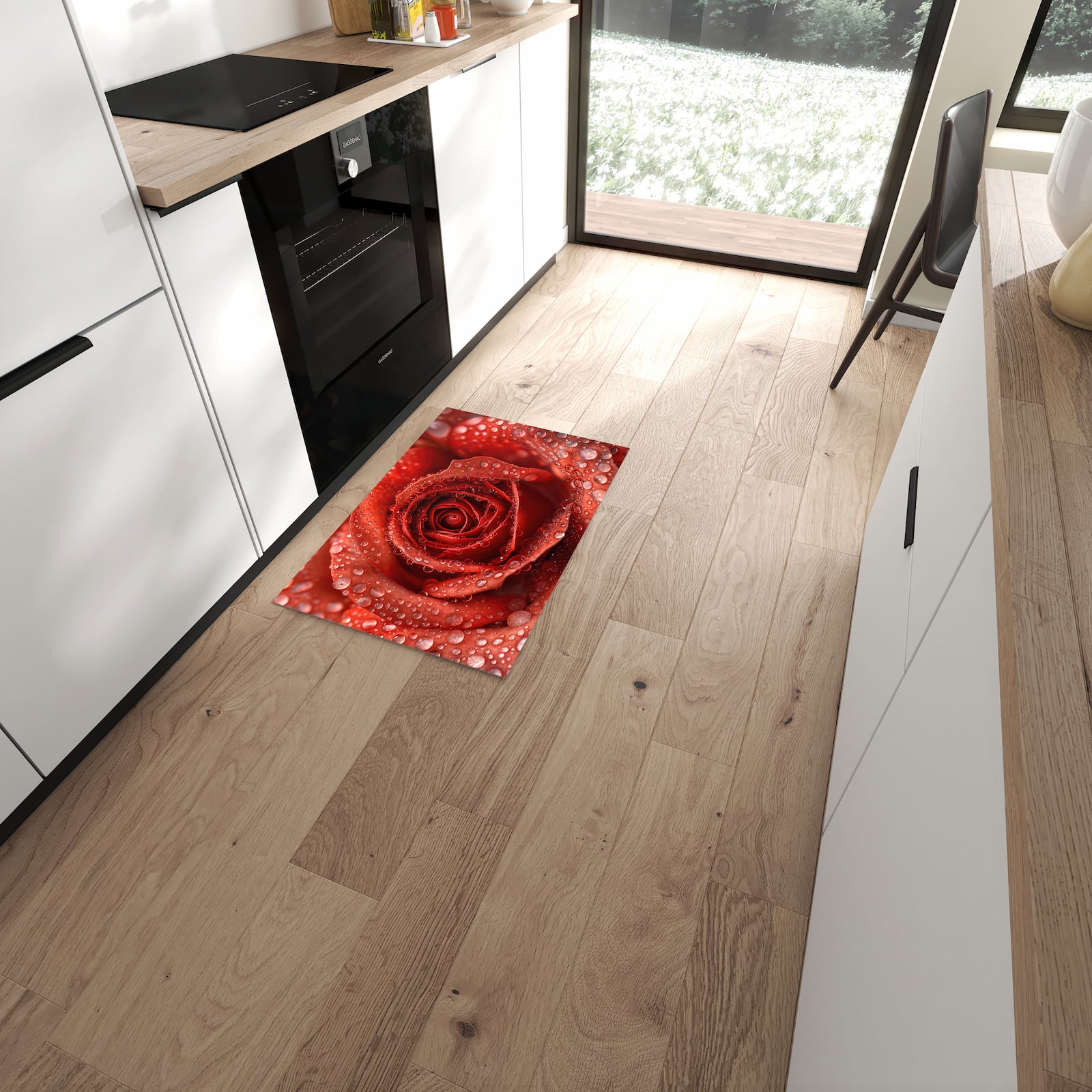 Geruchsneutraler Teppich in Küche mit Motiv Wassertropfen Rose in moderner Küche