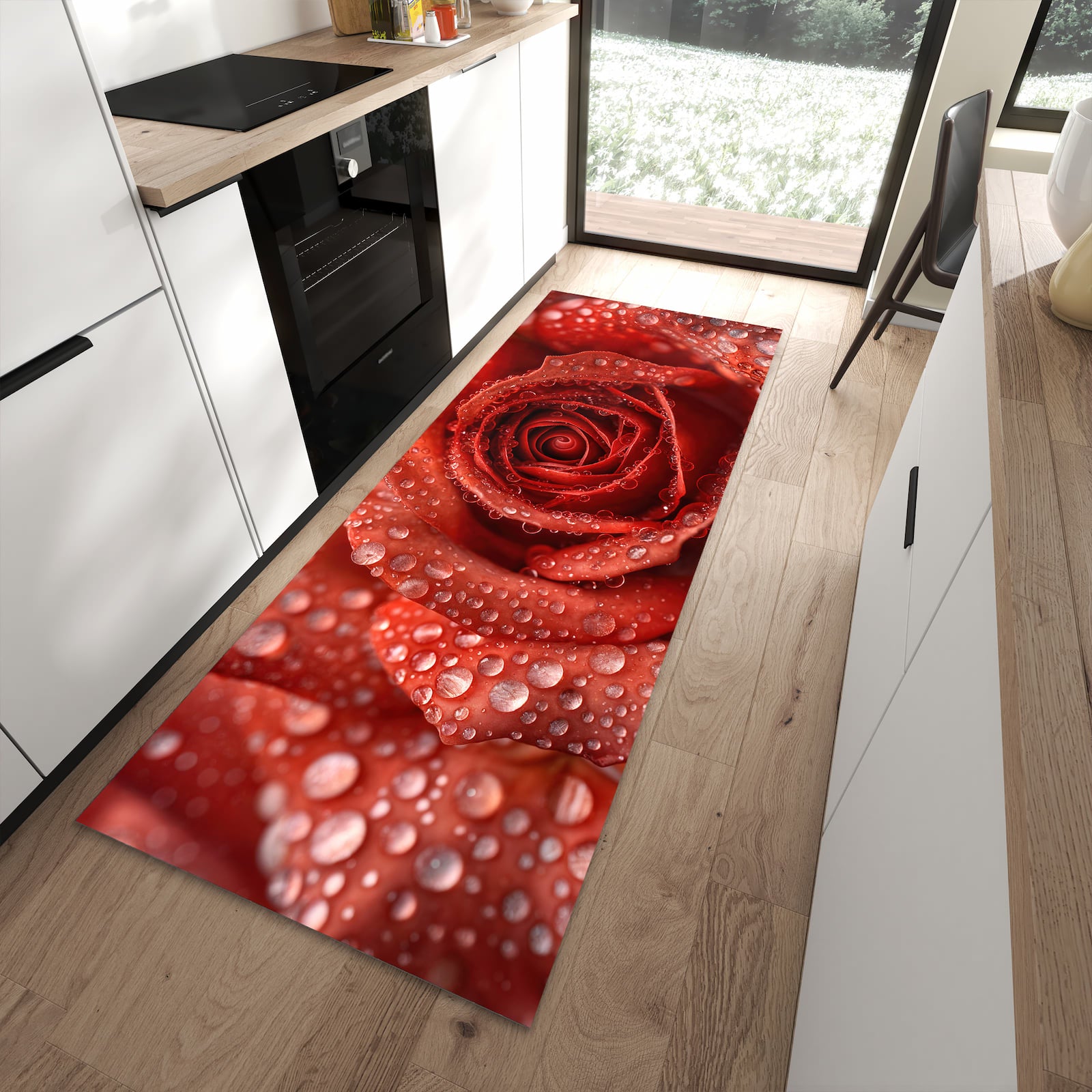 Hygienischer rutschfester Küchenteppich mit Motiv Wassertropfen Rose in moderner Küche
