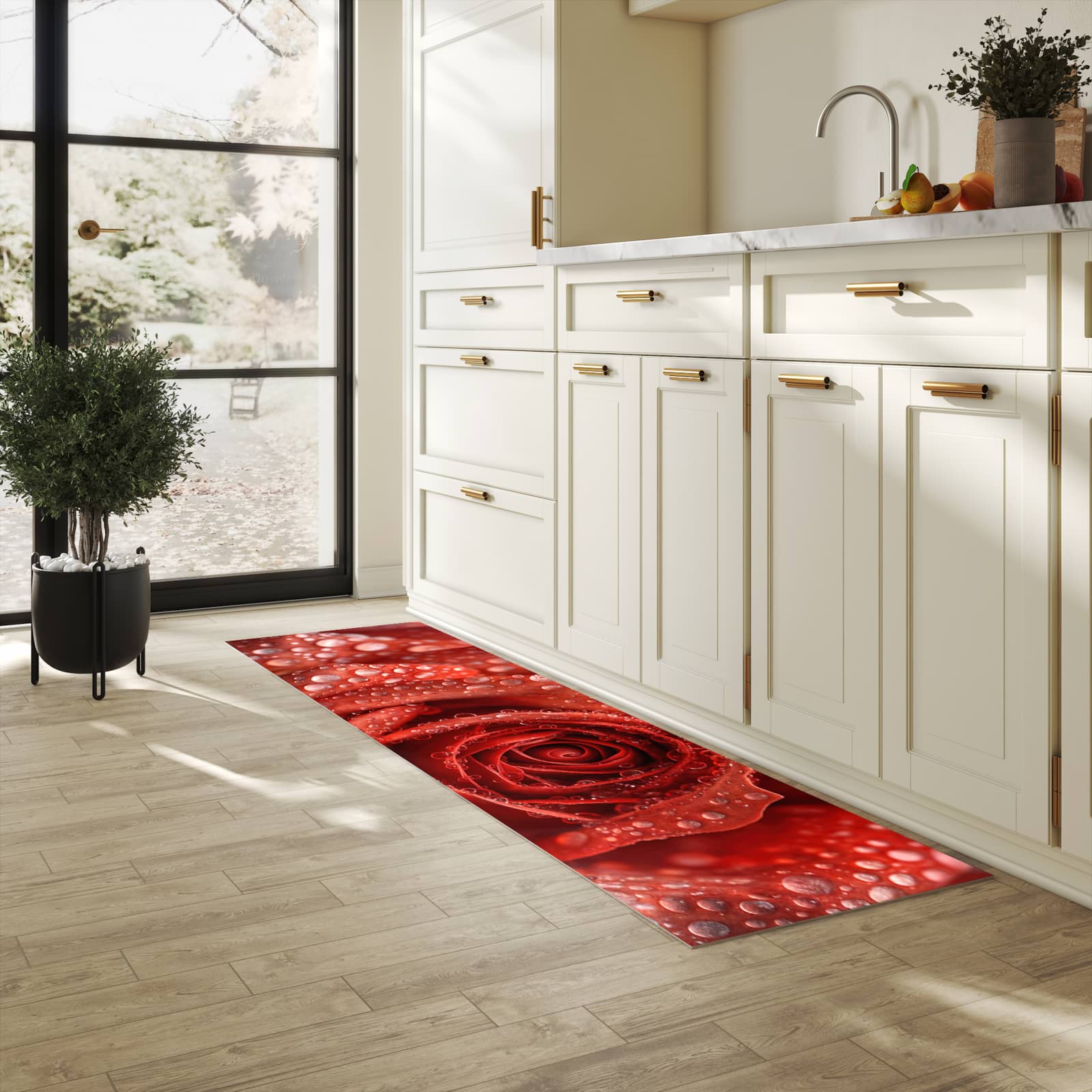 Feuchtigkeitsresistenter Küchenteppich mit Motiv Wassertropfen Rose in heller Küche