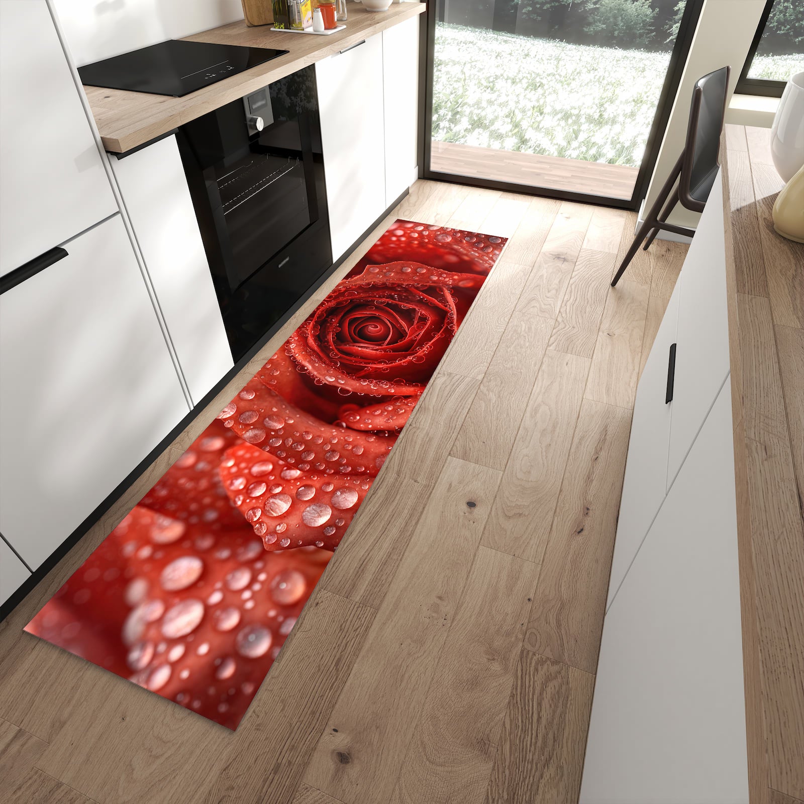 Wasserabweisender Teppich für die Küche mit Motiv Wassertropfen Rose in moderner Küche