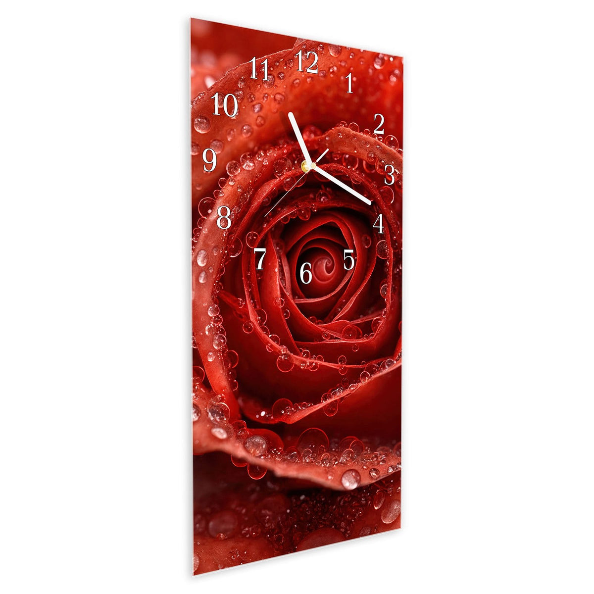 Wanduhr aus Glas im Hochformat Rote Rose mit Tropfen schräg von der Seite, 4 mm starkes Glas
