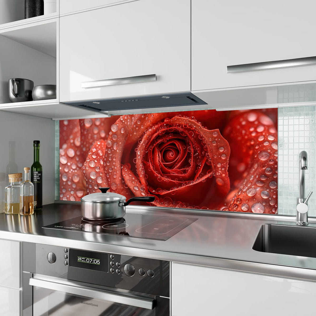Küchenrückwand Rote Rose mit Tropfen aus Glas – Rote Rose voller Wassertropfen