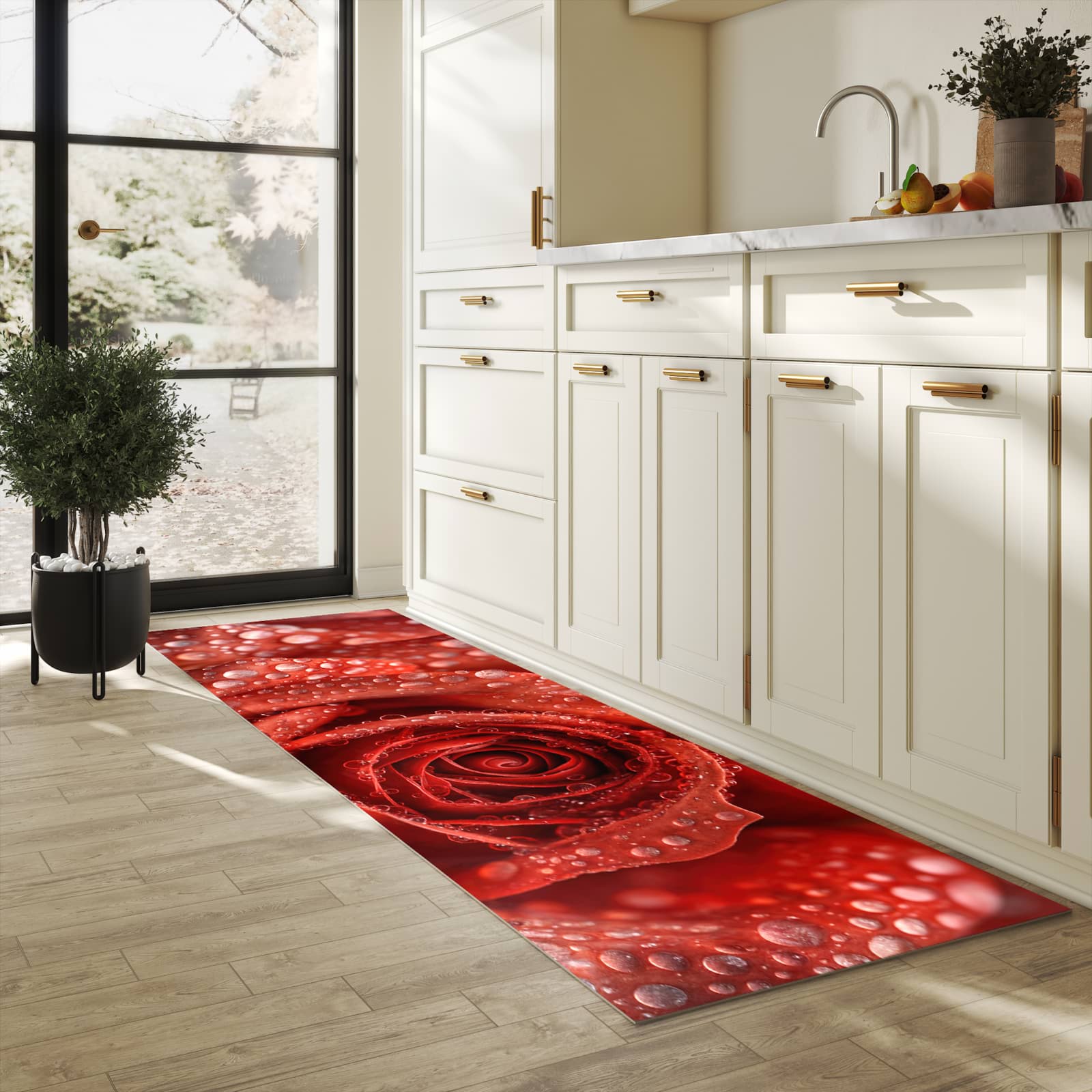 Küchenvorleger mit Motiv Wassertropfen Rose in heller Küche für sichere Aufbewahrung