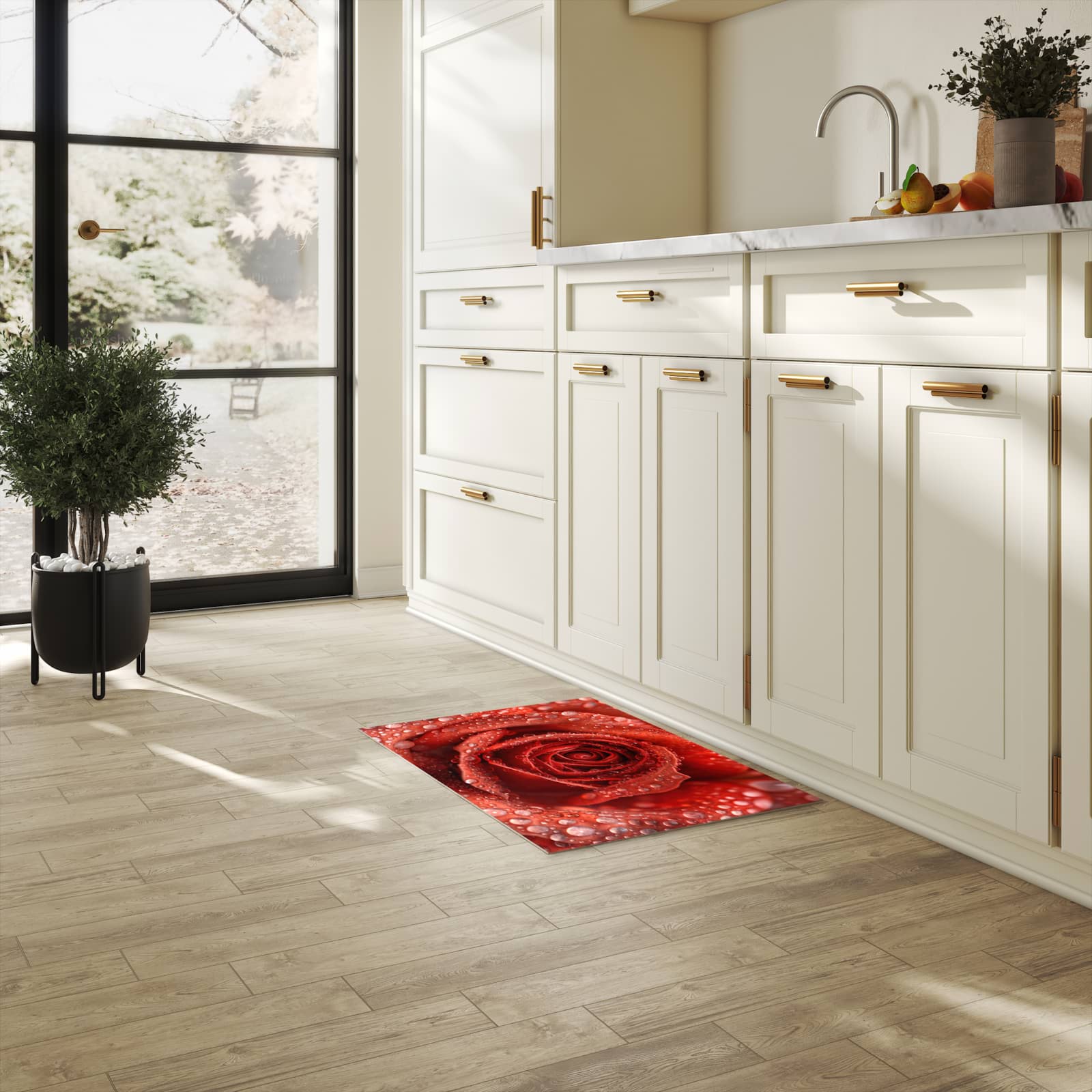 Bodenschonender Läufer für die Küche mit Motiv Wassertropfen Rose in heller Küche