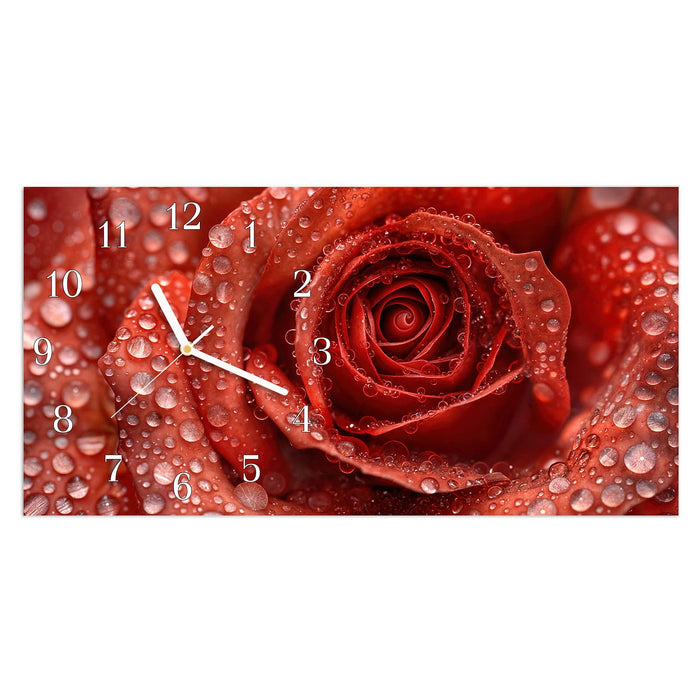 Wanduhr Wassertropfen Rose aus Glas – Querformat 60 × 30 cm mit Ziffernblatt Klassisch