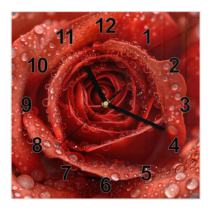 Wanduhr Quadratisch mit dem Motiv Rote Rose mit Tropfen