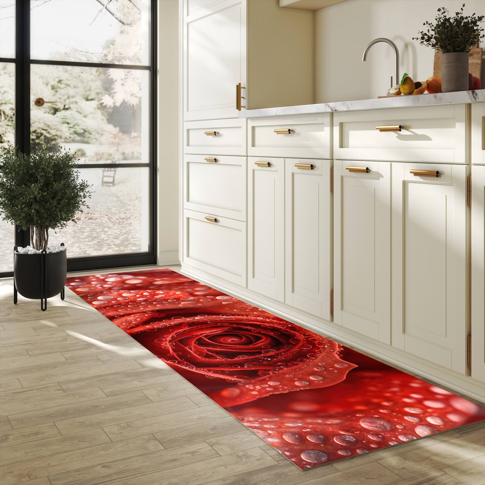 Zeitsparender waschbarer Küchenteppich mit Motiv Wassertropfen Rose in heller Küche