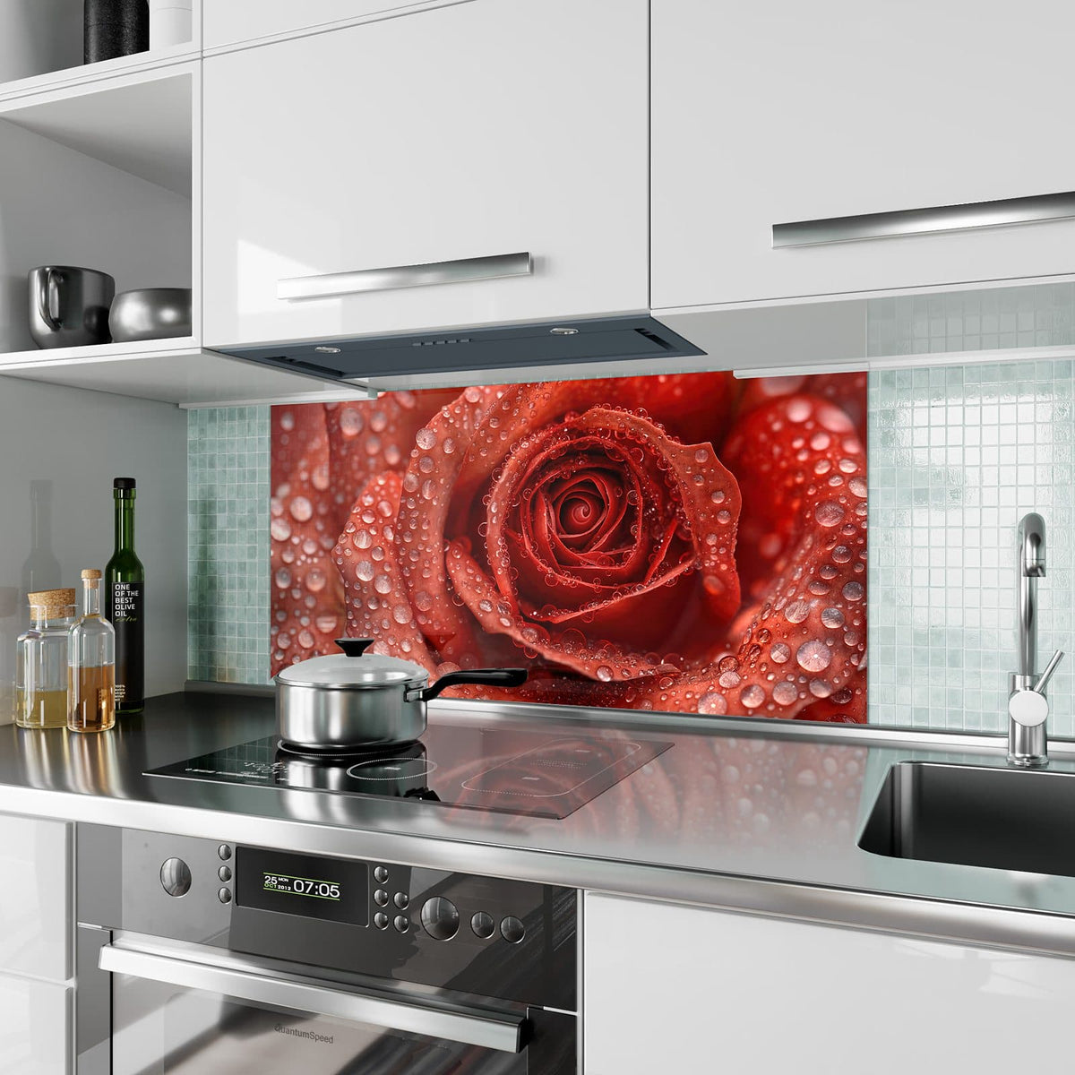 Küchenrückwand aus Glas Rote Rose mit Tropfen im Hochformat als Spritzschutz hinter dem Kochfeld, über dem Fliesenspiegel montiert