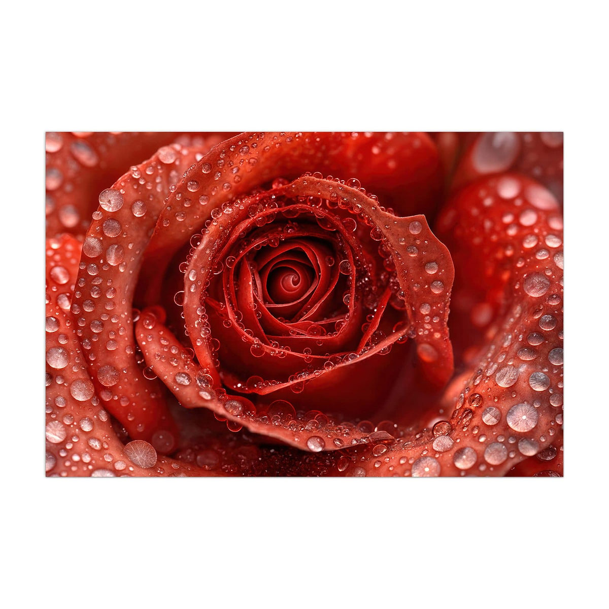 Küchenrückwand aus Glas Rote Rose mit Tropfen im Hochformat, Motiv bildfüllend von vorn