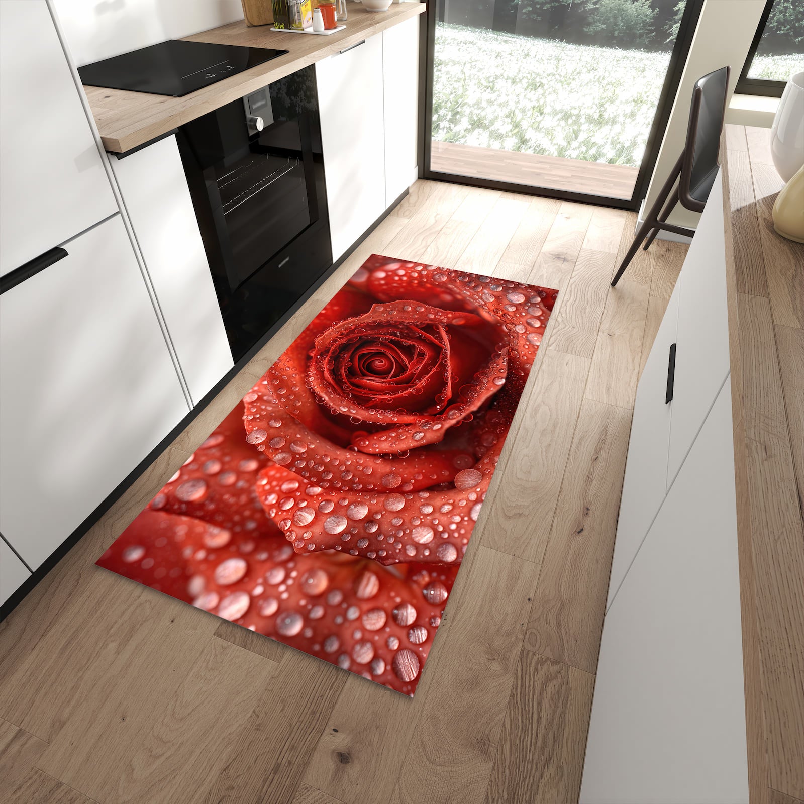 Komfortabler Küchenteppich mit Motiv Wassertropfen Rose in moderner Küche