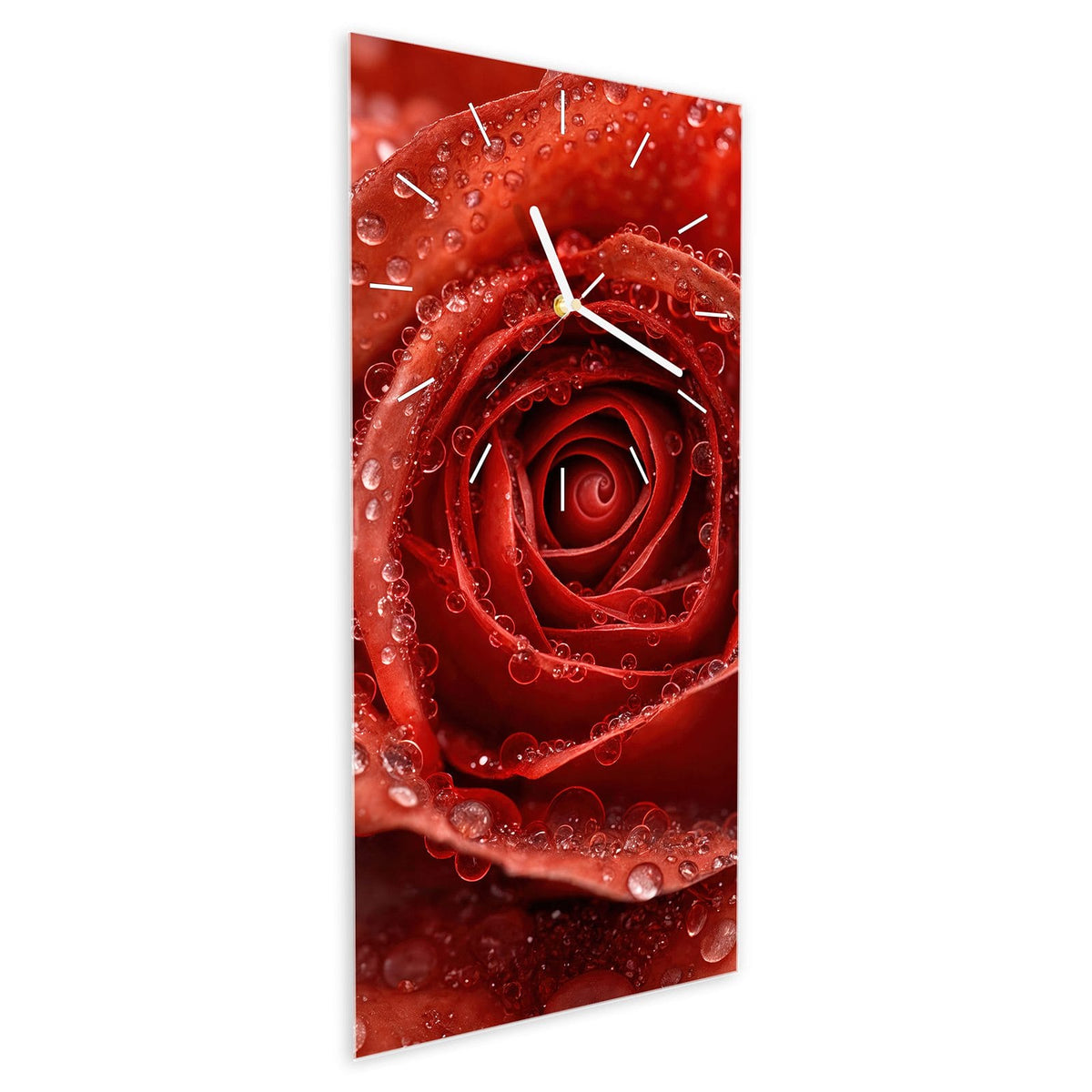 Wanduhr aus Glas im Hochformat Rote Rose mit Tropfen schräg von der Seite, 4 mm starkes Glas