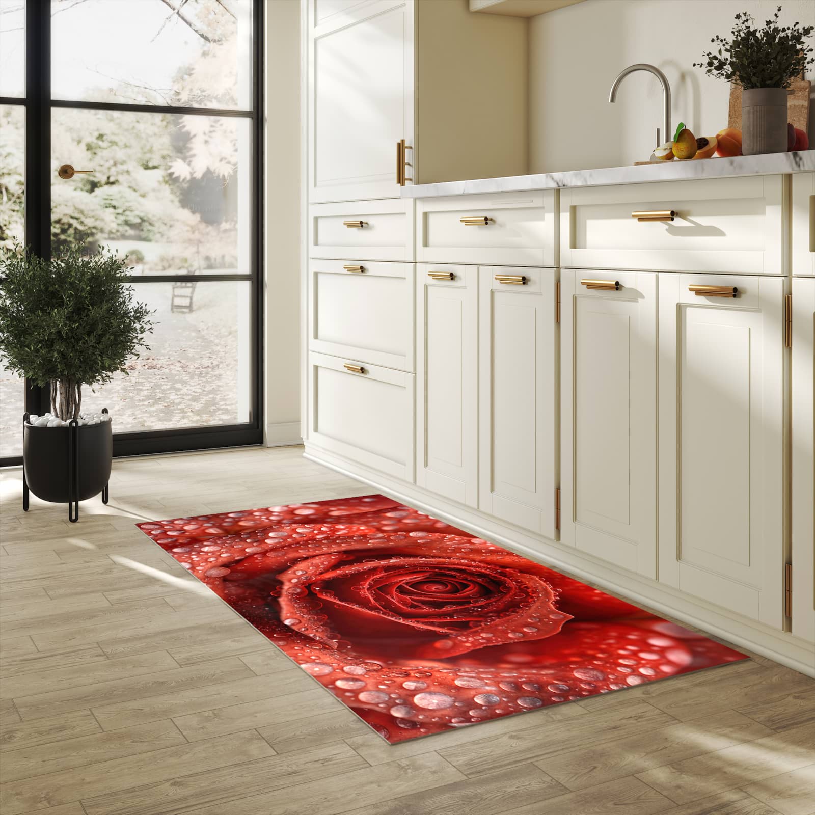 Geräuschdämpfender Küchenläufer mit Motiv Wassertropfen Rose in heller Küche