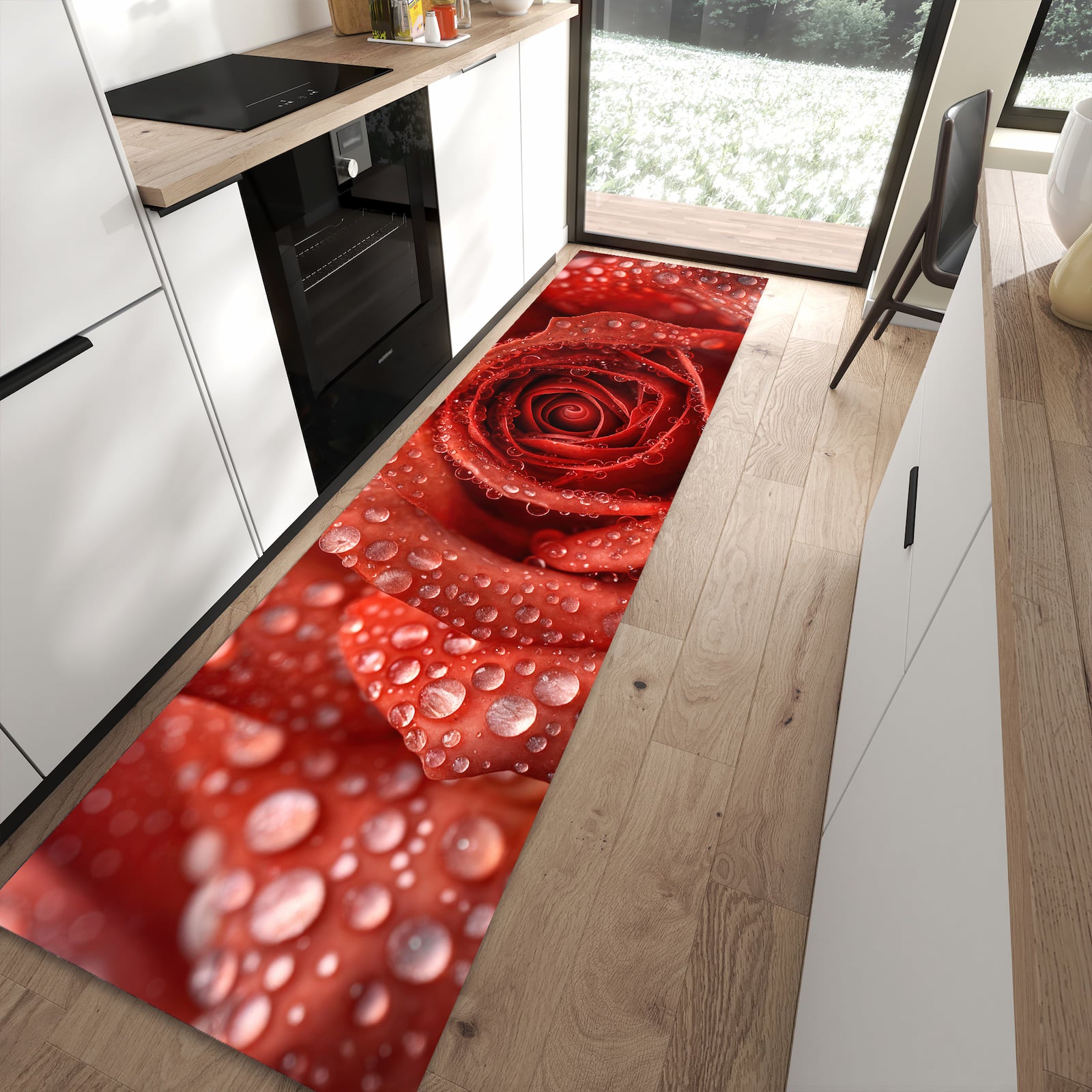 Waschbarer Küchenteppich mit Motiv Wassertropfen Rose in moderner Küche