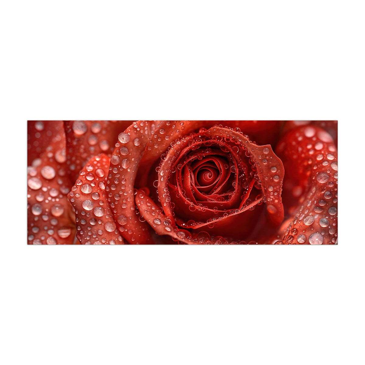 Küchenrückwand aus Glas Rote Rose mit Tropfen im Hochformat, Motiv bildfüllend von vorn