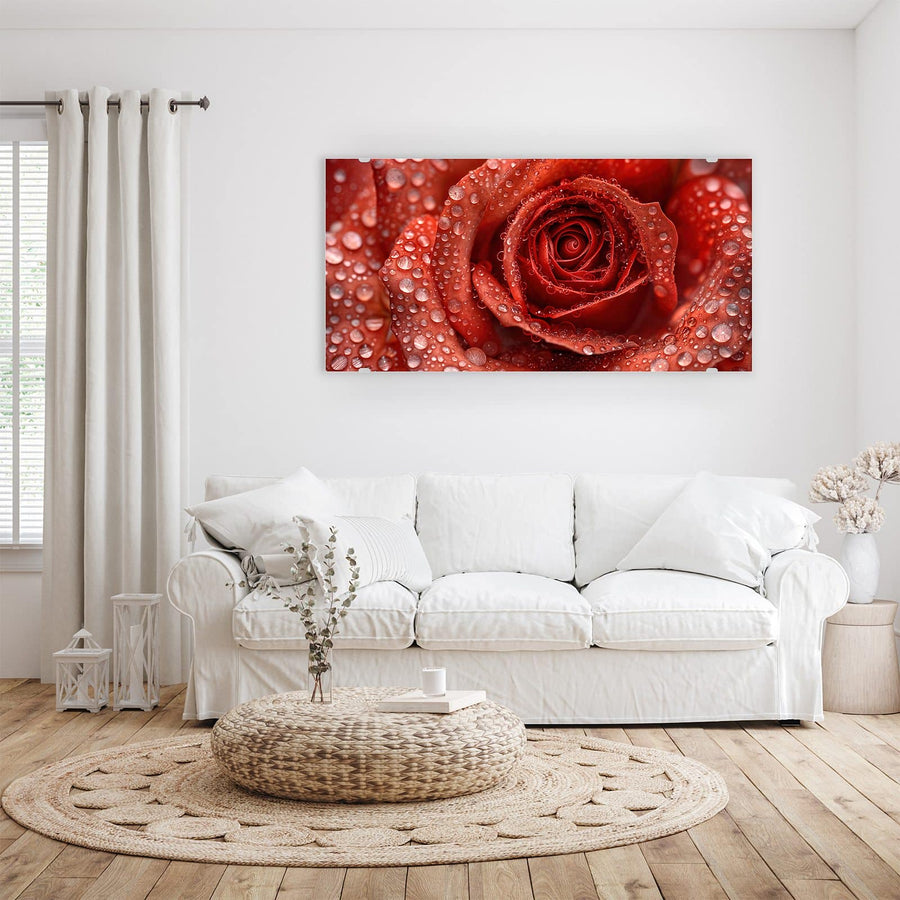 Maße Wandbild - Rote Rose mit Tropfen - Querformat