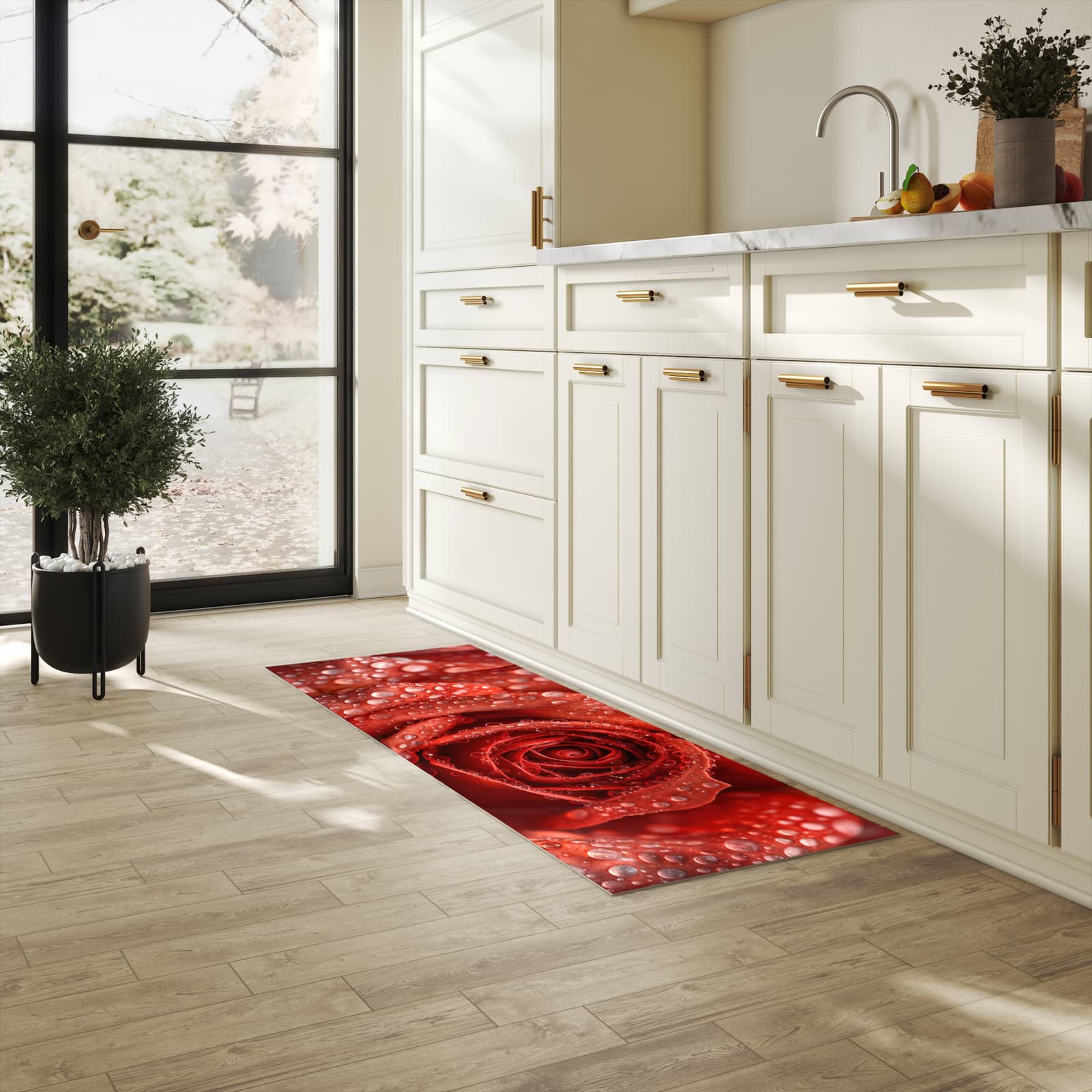 Rutschfester Küchenteppich mit Motiv Wassertropfen Rose in heller Küche