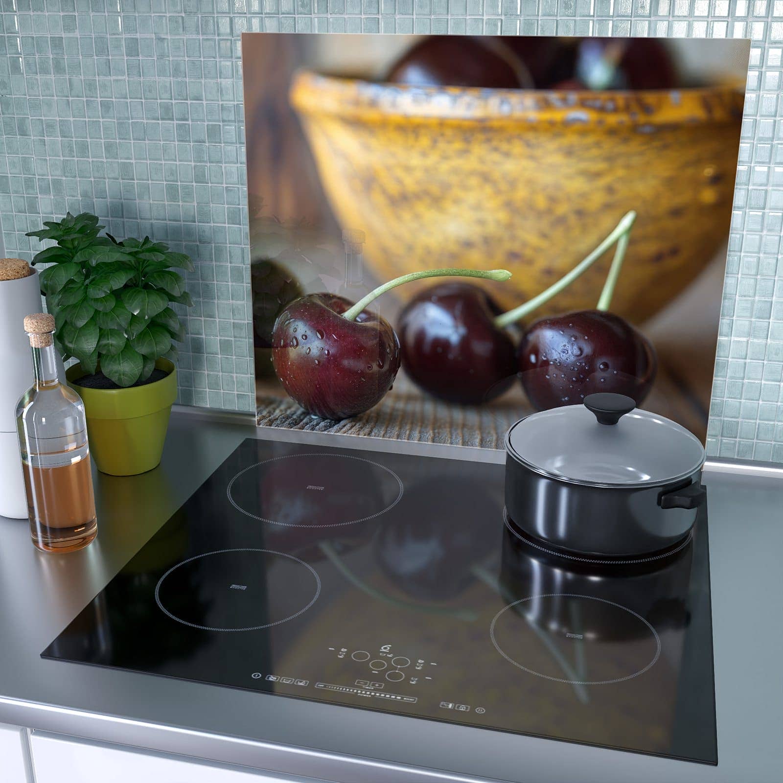 1-teilige Herdabdeckung aus Holz mit Frische Kirschen-Motiv als Spritzschutz hinter dem Kochfeld