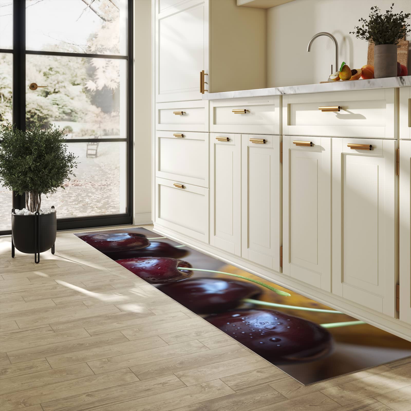 Langlebiger Küchenläufer mit Motiv Frische Kirschen in heller Küche