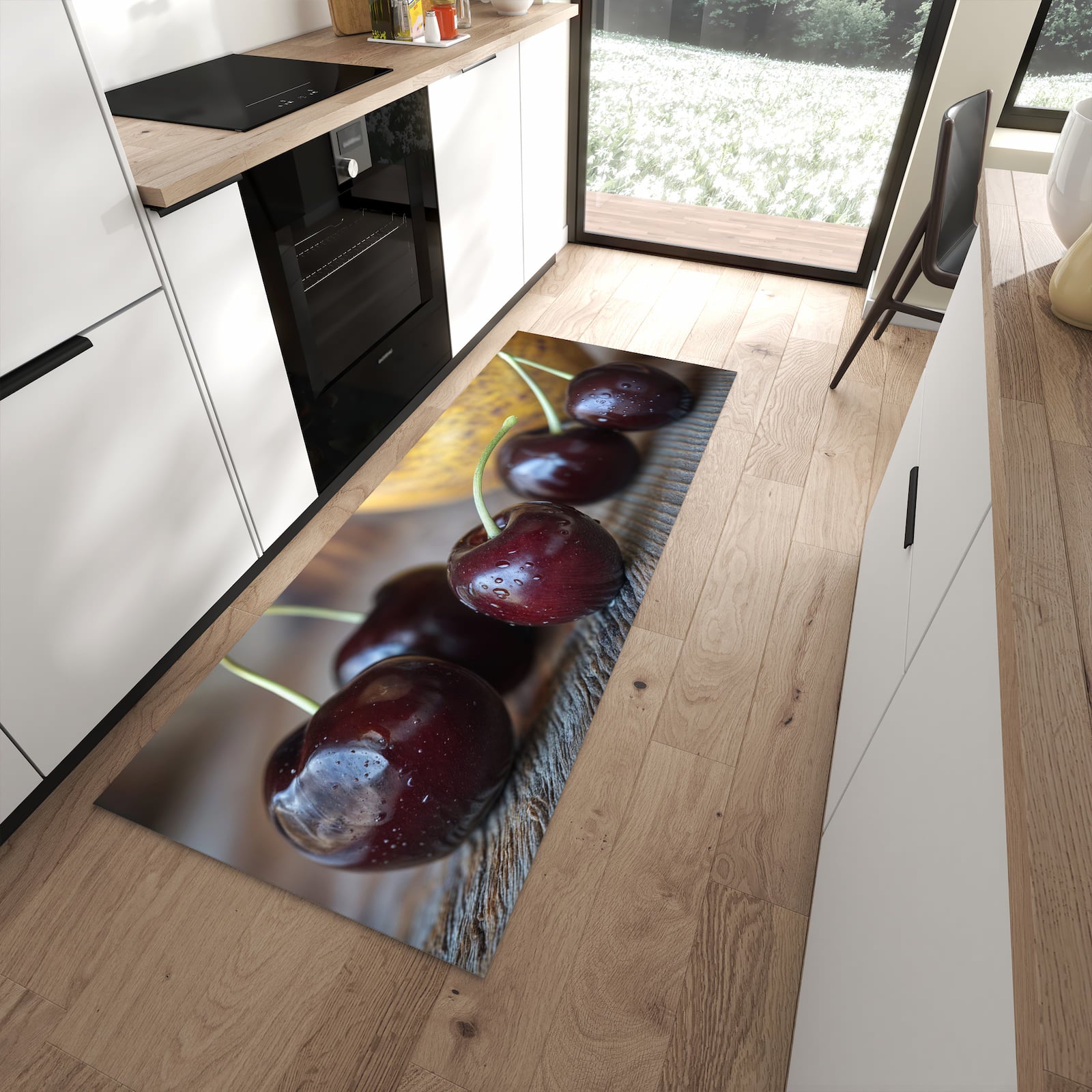 Ordnungsschaffender Küchenläufer mit Motiv Frische Kirschen in moderner Küche